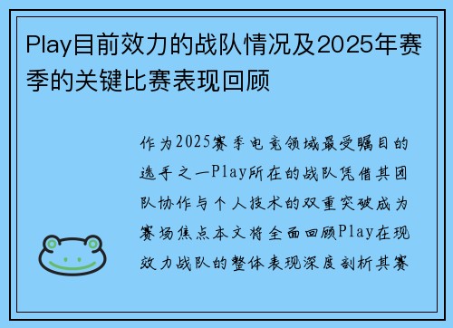 Play目前效力的战队情况及2025年赛季的关键比赛表现回顾