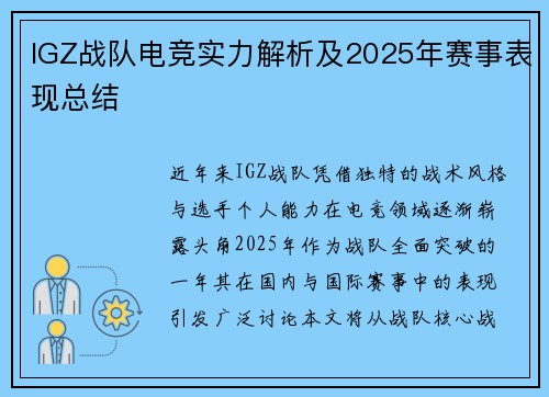 IGZ战队电竞实力解析及2025年赛事表现总结