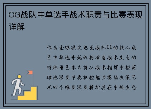 OG战队中单选手战术职责与比赛表现详解